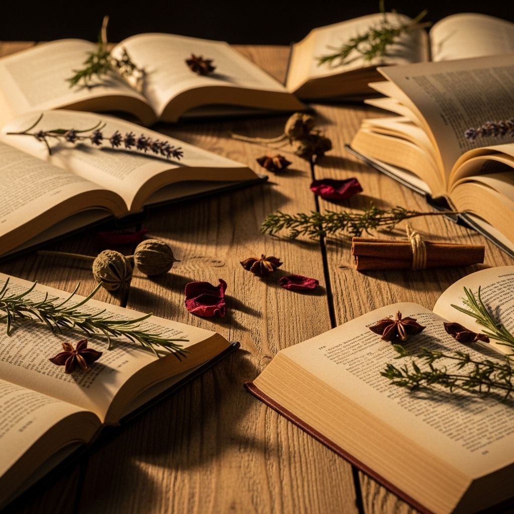 Open books and natural dried herbs arranged on a wooden desk with warm afternoon light suggesting scholarly research and educational study