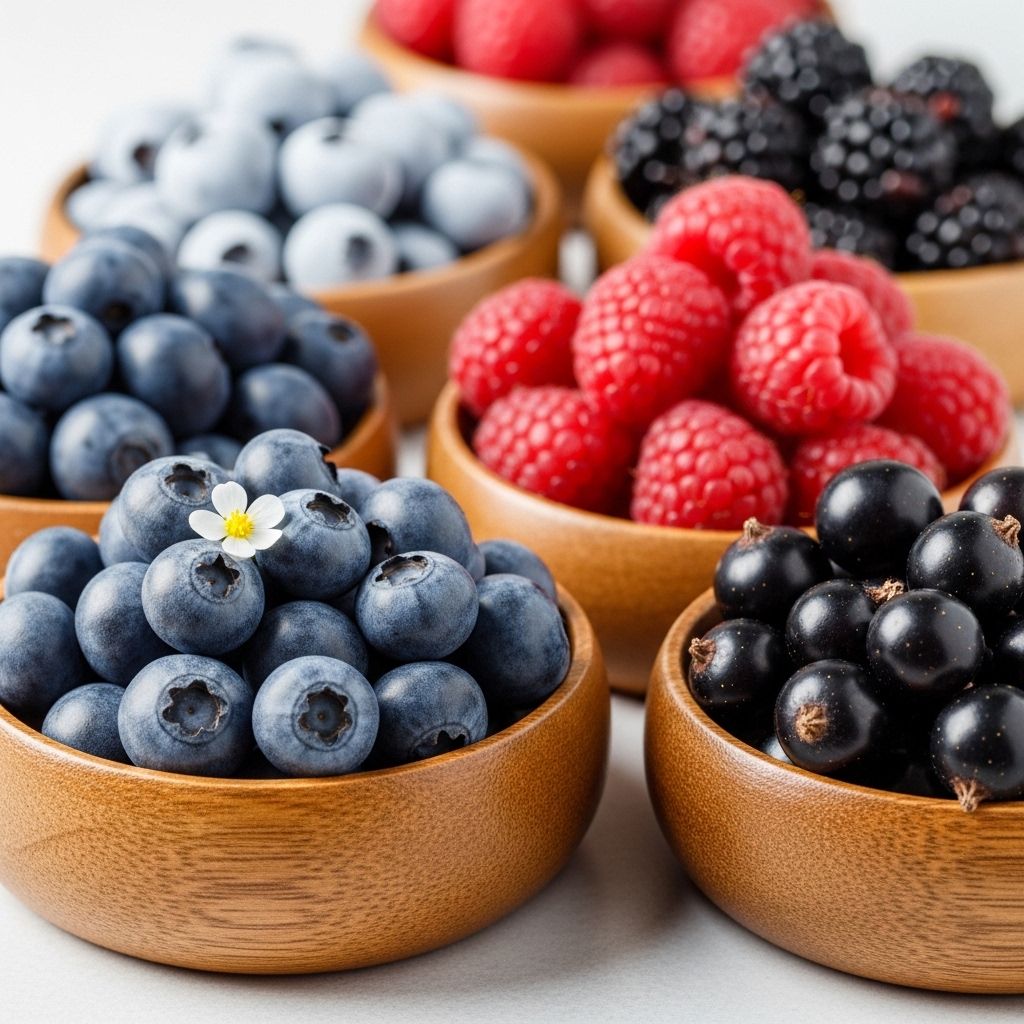 Vibrant selection of antioxidant-rich berries including blueberries raspberries and blackcurrants arranged in small wooden bowls on a light surface