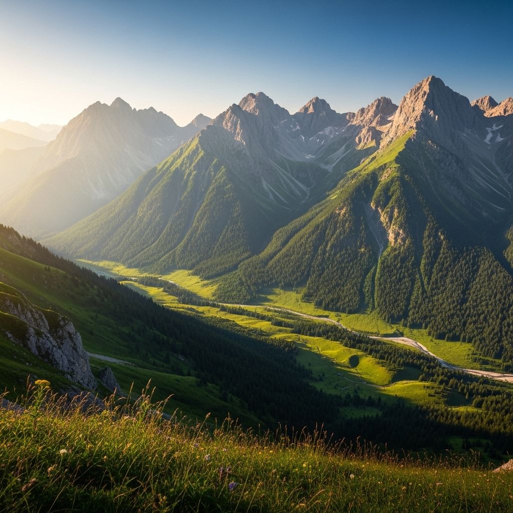 Expansive sunlit mountain landscape with green valleys and clear sky conveying health vitality and natural balance